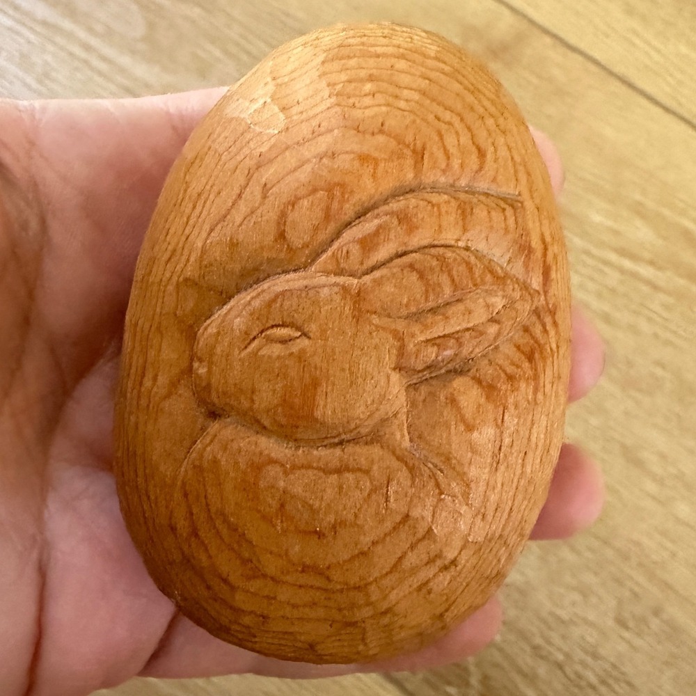 Hand Carved Wooden Easter Egg Sleeping Bunny Rabbit Relief Folk Art Decor 3.25in